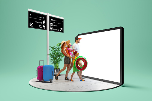 Departure. Happy family going to summer vacation trip using 3d model of digital device with empty white screen isolated on green background. New app, holiday, travel, ad concept