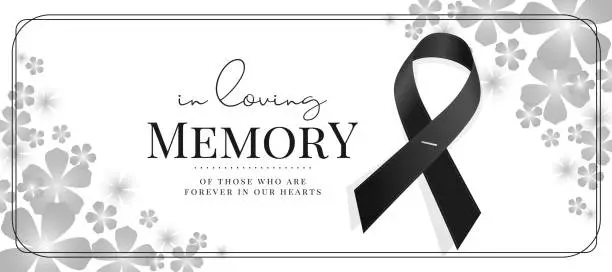 Vector illustration of In loving memory of those who are forever in our hearts text and Black ribbon sign on gray flower frame texture background vector design