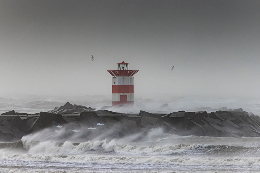 Storm Eugene hits the coast of the Netherlands at Scheveningen on 18. February 2022 with winds of up 100 kilometers per hour