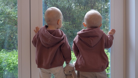 Back view of twin babies looking through the window. Both in matching outfits holding stuffed rabbits. Children alone wait for their parents. Two kids lost their parents in childhood.