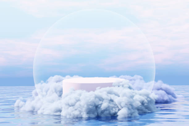 istock 3d render platform and Natural podium background, Podium covered cloud are floating on the sea with blue sky and circle light for product display advertising cosmetic beauty products or skincare 1444107185