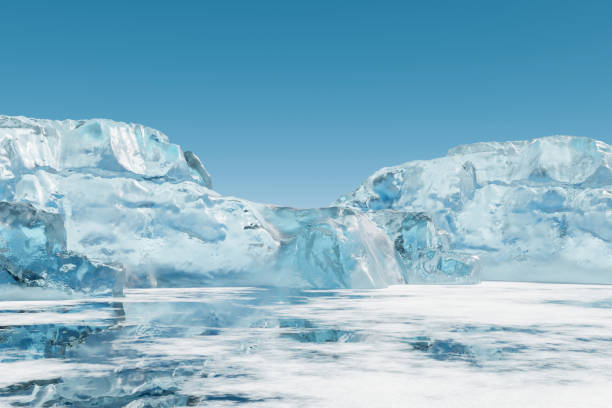 rendering 3d sfondo del podio del palcoscenico abstact, montagna di icebreg e fiume ghiacciato con cielo blu per l'esposizione del prodotto, il modello e la vetrina, la piattaforma realistica della natura - mountain sky landscape non urban scene foto e immagini stock