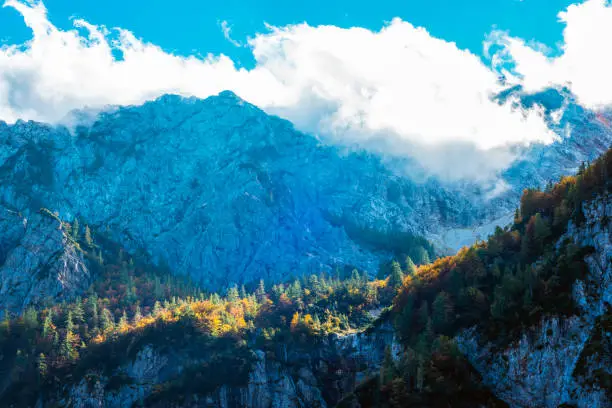 View of mountain peaks in Logar valley or Logarska dolina, Alps of Slovenia.