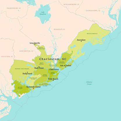 SC Charleston County Vector Map Green. All source data is in the public domain. U.S. Census Bureau Census Tiger. Used Layers: areawater, linearwater, cousub, pointlm.