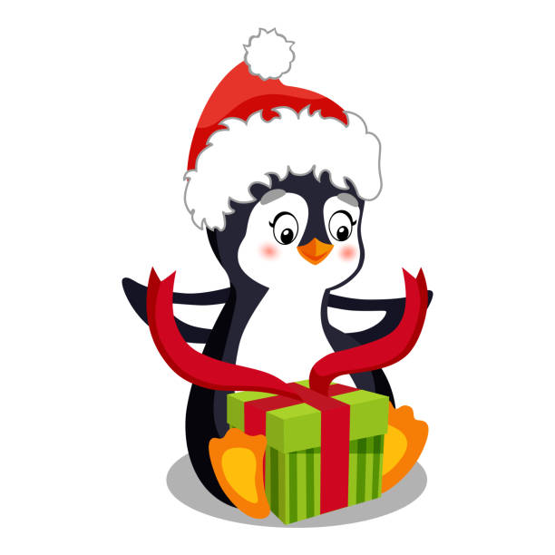 istock Cute penguin in Santa's hat. cartoon character opening christmas box, red ribbon 1444111830