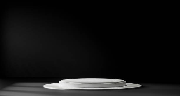 istock 3D Black geometric stage podium. Dark background. 1444111831