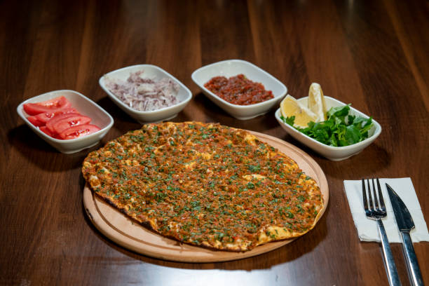 istock Traditional Turkish meal pita bread on table top view 1444111874