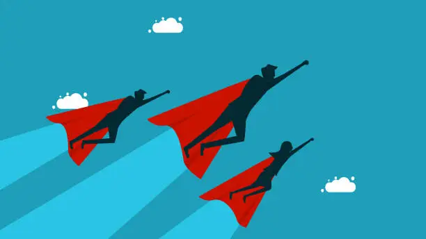 Vector illustration of Business concept. Team of superhero businessmen flying above the clouds