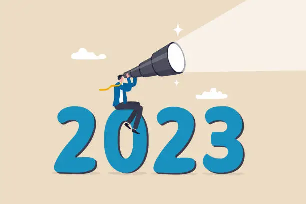 Vector illustration of Year 2023 outlook, business opportunity or new challenge ahead, vision to make decision or move forward, plan and perspective concept, confidence businessman look through telescope on year 2023.