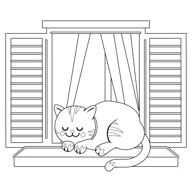Vector illustration of Cat sleeping on a window sill. Vector black and white coloring page