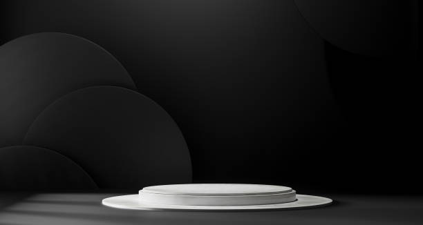 istock 3D Black geometric stage podium. Dark background. 1444118581