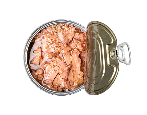 Canned Tuna Isolated, Albacore Fish Chunks in Open Tin Can, Tuna Oil Preserve, Seafood Conserve on White Background Top View