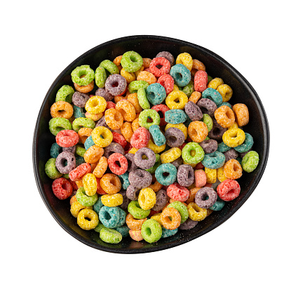 Colorful Breakfast Rings Pile in Bowl Isolated. Fruit Loops, Fruity Cereal Rings, Colorful Corn Cereals on White Background Top View