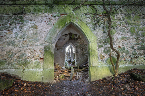 Entrance of a ruined gothic chapel in a forest.