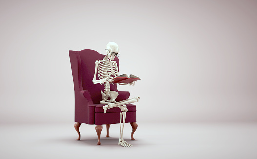 Skeleton reading a book on sofa. Mentorship and scholarship concept. This is a 3d render illustration