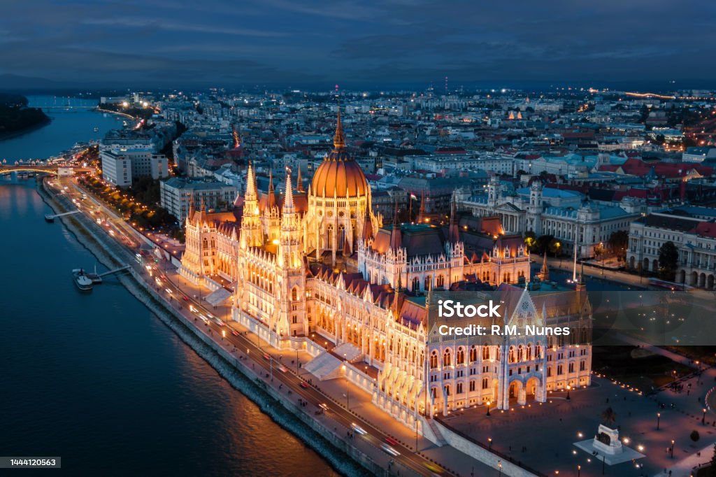 Hungarian Parliament Building Aerial View, Budapest, Hungary Aerial view of architectural landmark Hungarian Parliament building at dusk in Budapest, Hungary. Budapest Stock Photo