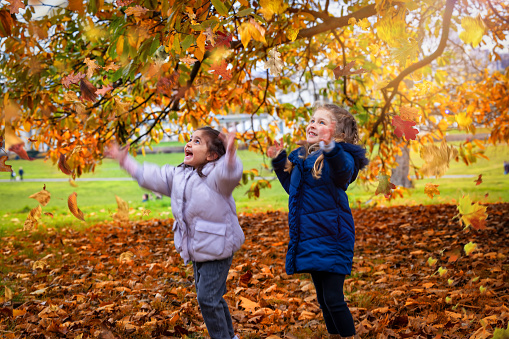 Two happy girls playing with the colorful leaves in the park during golden autumn time