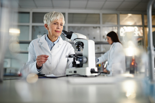 Senior female scientist working on a research through a microscope in laboratory. Copy space.