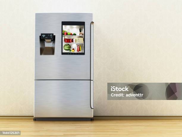 Smart Refrigerator Wtih Display Screen On The Parquet Floor Copy Space On The Right Side Stock Photo - Download Image Now