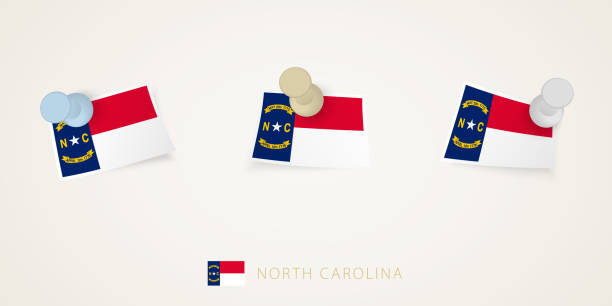 꼬인 모서리가 있는 다양한 모양의 노스캐롤라이나 국기를 고정했습니다. 벡터 압정 평면도입니다. - us state department 이미지 stock illustrations