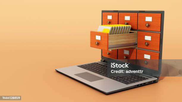File Cabinets Or Catalogue Drawers Inside The Laptop Screen Folders Standing Inside The Drawer Stock Photo - Download Image Now