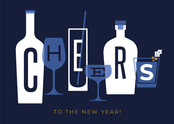 illustrations, cliparts, dessins animés et icônes de carte de vœux du nouvel an avec acclamations. - martini glass wineglass wine bottle glass
