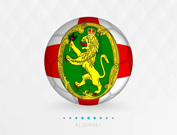 Vector illustration of Football ball with Alderney flag pattern, soccer ball with flag of Alderney national team.