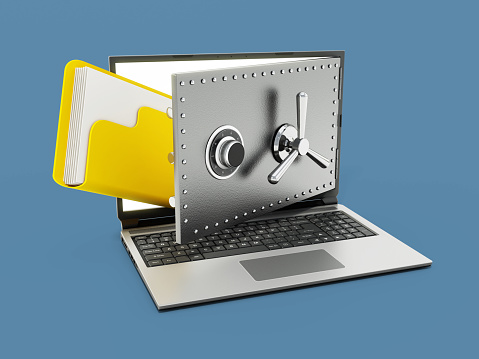 Yellow folder icon near open steel vaulted door on the laptop screen. Data protection concept.