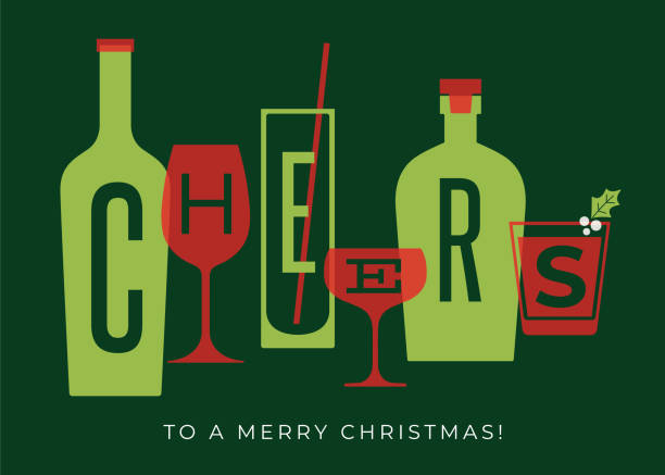 рождественская поздравительная открытка с приветствиями. - martini glass wineglass wine bottle glass stock illustrations