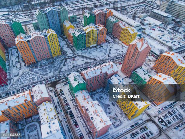 Snowcovered Colored Kyiv Residential Buildings From The Air Stock Photo - Download Image Now