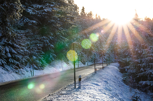 Klinovec, Czech Republic on Nov 23, 2022: road towards the Klinovec mountain peak in early winter