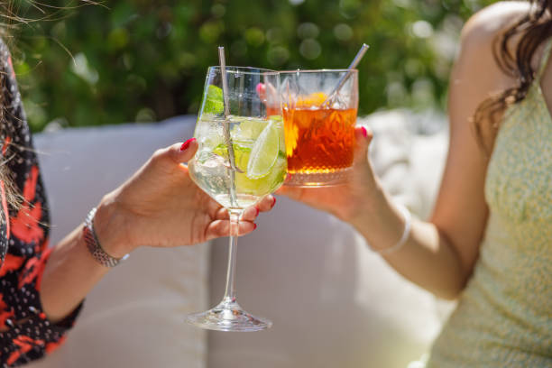 Two women raising cocktail glasses in a toast, outdoor party after work on a sunny day stock photo