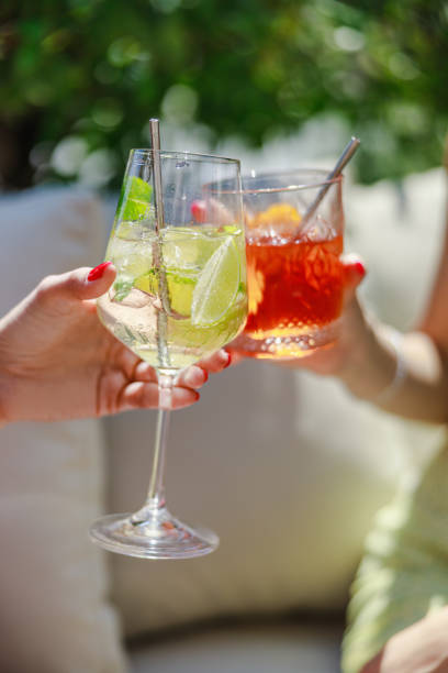 Celebratory toast with glasses of cocktails on outdoor party in summer stock photo