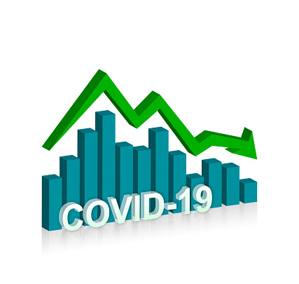 Bar graph and arrow with COVID-19  isolated on white background. \nThe downward trend of COVID-19.