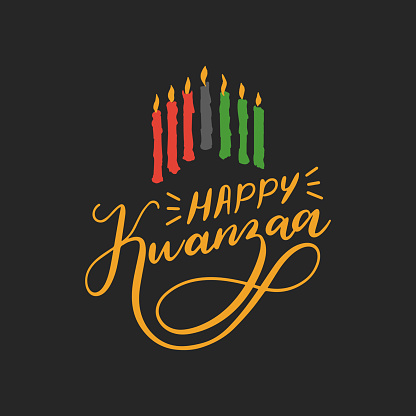 Happy Kwanzaa hand lettering, seven candles for Kinara holder, drawn illustration, holiday vector background, poster template with Pan African symbols
