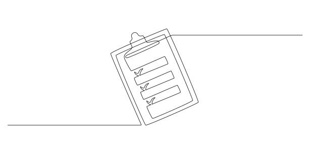 1つの連続した線画にクリップボード付きのチェックリスト付きのクリップボード。ティックとコンセプトテストの専門知識と試験でリストを行い、単純な線形スタイルで試験を行います。編 - personal organizer illustrations点のイラスト素材／クリップアート素材／マンガ素材／アイコン素材