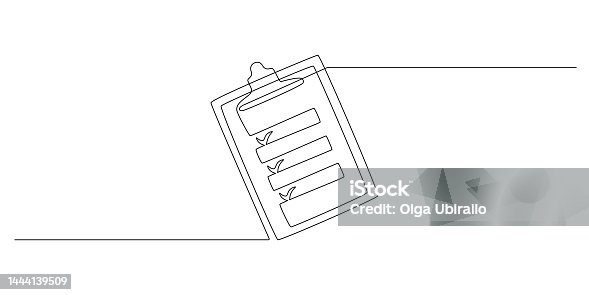 istock Clipboard with checklist with clipboard in one continuous line drawing. To do list with ticks and concept test expertise and exam in simple linear style. Editable stroke. Doodle vector illustration 1444139509