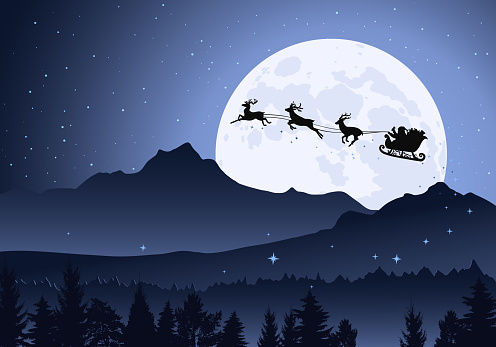 Flying reindeer and Santa sleigh with Christmas gifts, full moon background, starry sky, mountains
