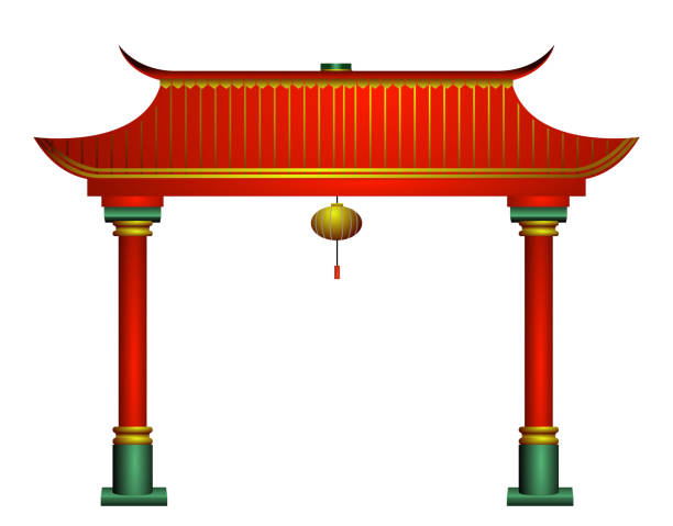 CHINESE GATE 3 chinese red gate and pillars with gold
decoration. dragon in chinese temple stock illustrations