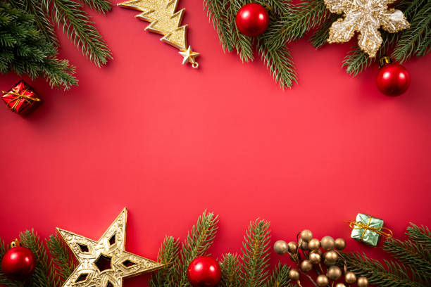 istock Christmas background design concept with beautiful decors and tree branch. 1444142329