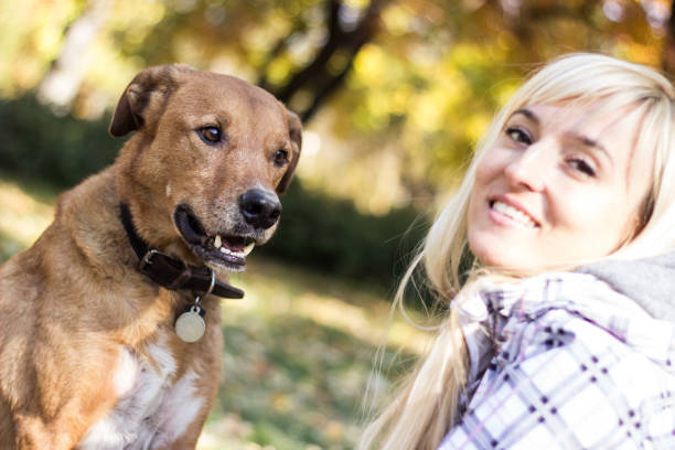 istock Young smiling woman spending time with her dog 1444143261