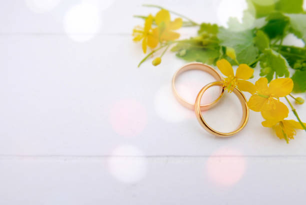 Wedding rings with bokeh and flowers stock photo