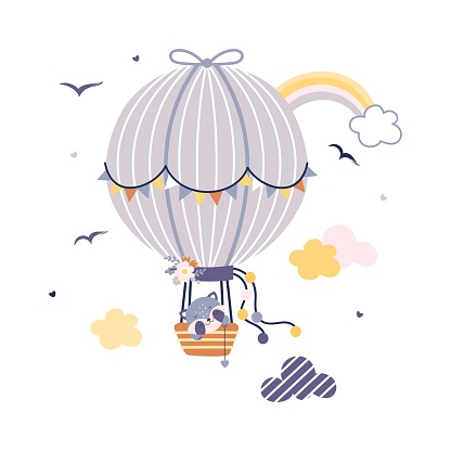 Animal on hot air balloon. Animals fly in sky, cute cartoon childish print design. Funny adorable baby design, travel flight nowaday vector background of adventure in air illustration