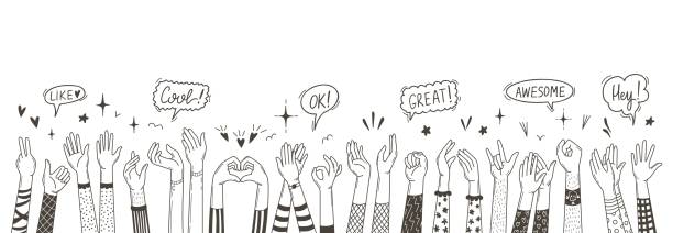 ilustraciones, imágenes clip art, dibujos animados e iconos de stock de apoyo y aplausos a manos de boceto. agitando el brazo, aplaudiendo a la mujer hombre. ayudar o apoyar señales humanas y felices. pulgares arriba, concepto vectorial neotérico de multitud de fans - aclamar