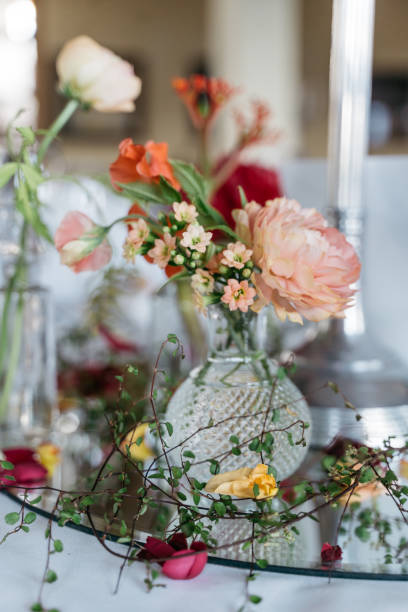 istock Flower arrangement on a silver plate 1444147207