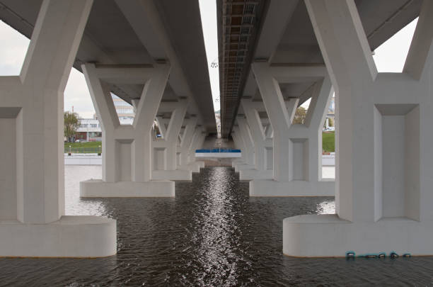 Bottom view of the concrete bridge over the river