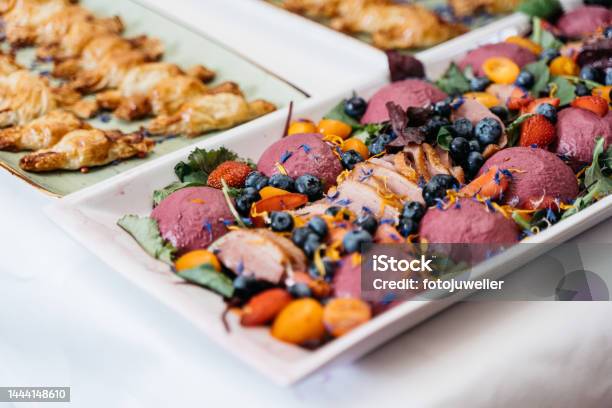 Duck Served With Beetroot And Blueberries Stock Photo - Download Image Now - Buffet, Celebration, Color Image
