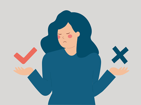 Woman showing a check mark or an approval and disapproval signal. Client reviewing a service or product and hesitating between a negative or a positive sign. Customer feedback or review concept.