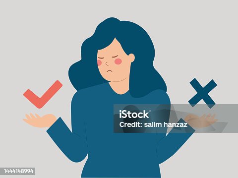 istock Woman showing an approval and disapproval mark. Client giving a review or rating, hesitating between negative or positive sign. 1444148994