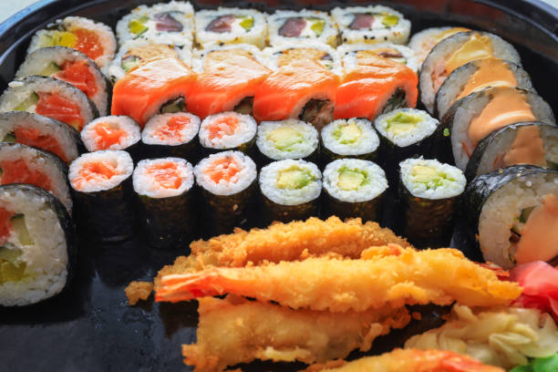 istock Colorful sushi set with pickled ginger and wasabi paste 1444149099